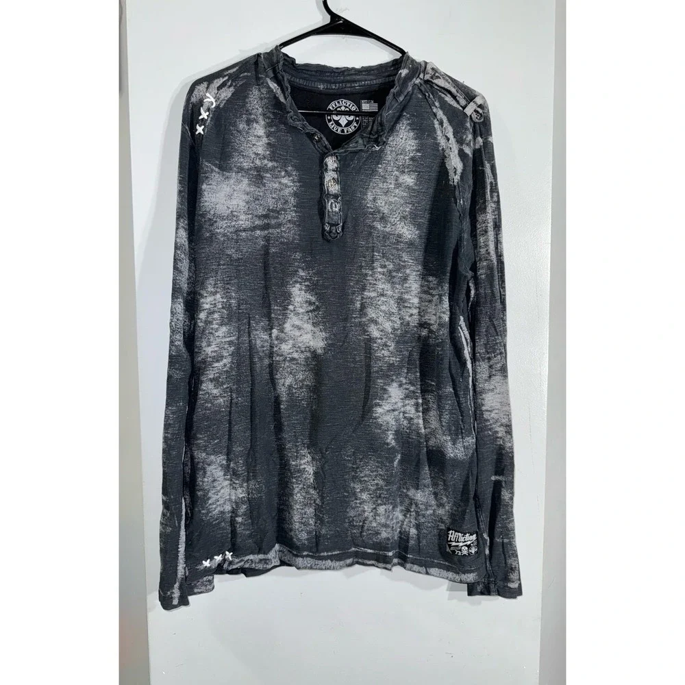 Affliction men's gray tie dyed long sleeve tshirt epaulets size medium